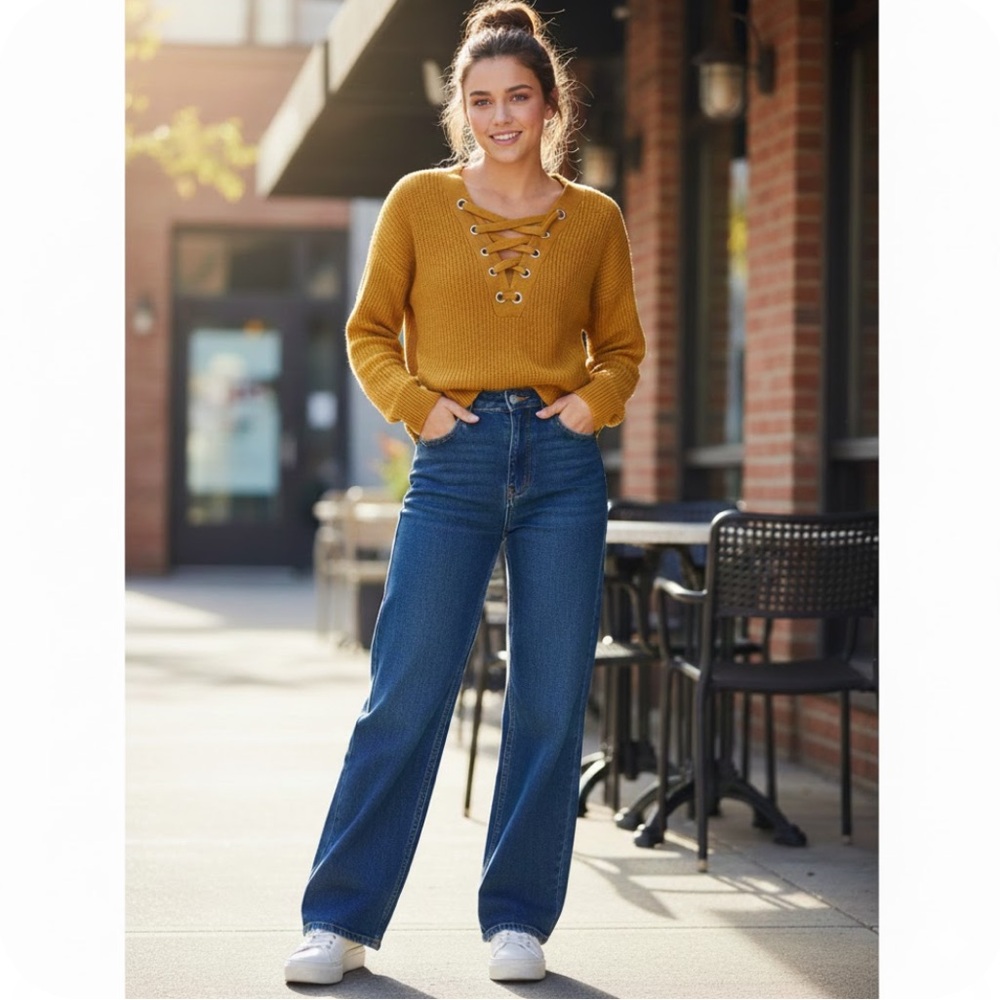 🚨4X$25🚨 Urban Heritage Mustard V-Neck Lace-Up Sweater